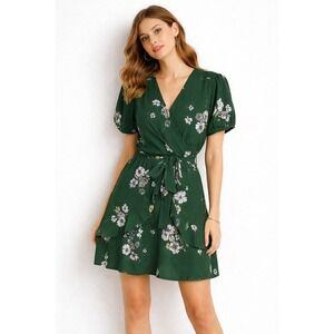 Purple Snow Forest‎ Green Floral Wrap Mini Dress Puff Sleeve RSA4949 Womens XL